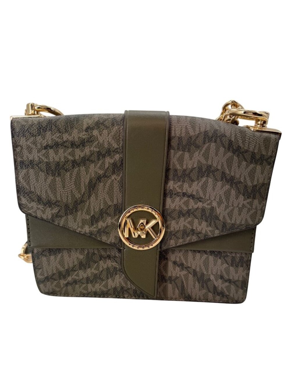 Michael Kors Jet Set Green Signature Crossbody Bag With Gold Chain & Logo Accent